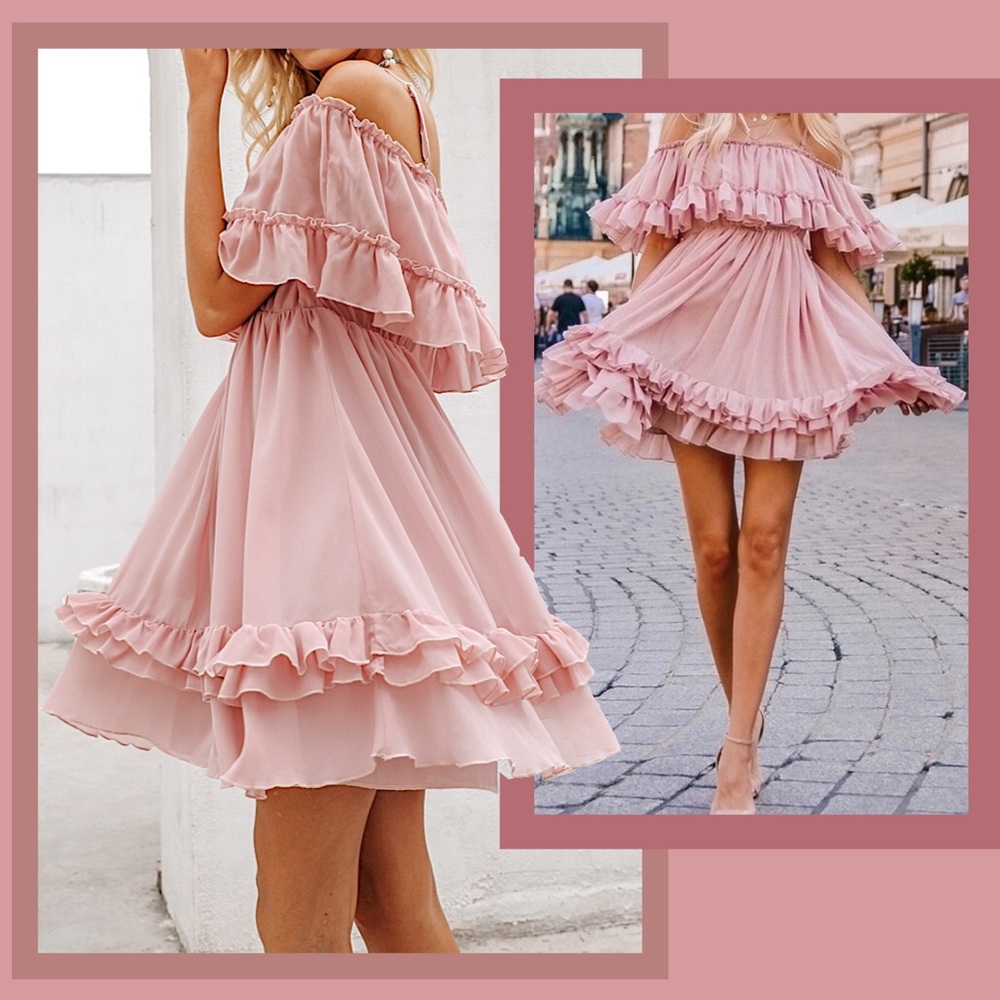 Off Shoulder Spaghetti Strap Ruffled Mini Dress - Picture 1 of 7